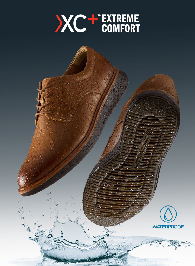 An inforgraphic of an XC+ Extreme Comfort technology shoe from Johnston & Murphy. The right side of the banner displays each level of product that goes into the making of the sole of the shoe.